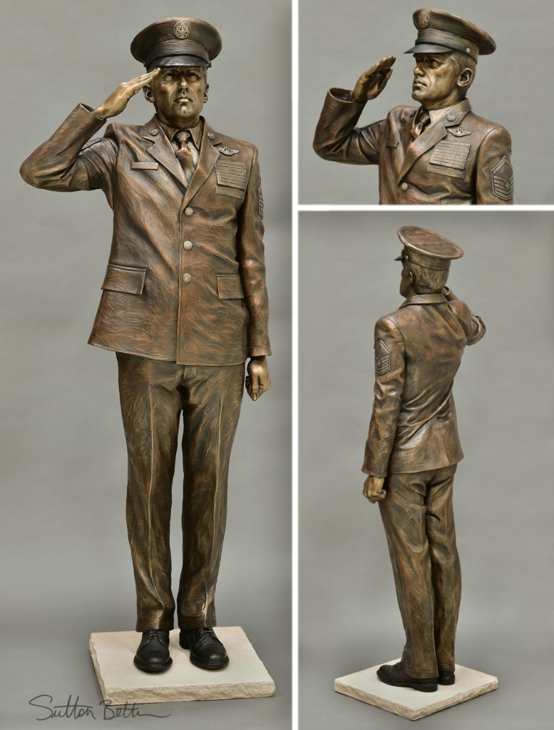 saluting air force bronze sculpture, military sculpture, Sutton Betti sculptor, Loveland sculpture, Air Force Sergeant