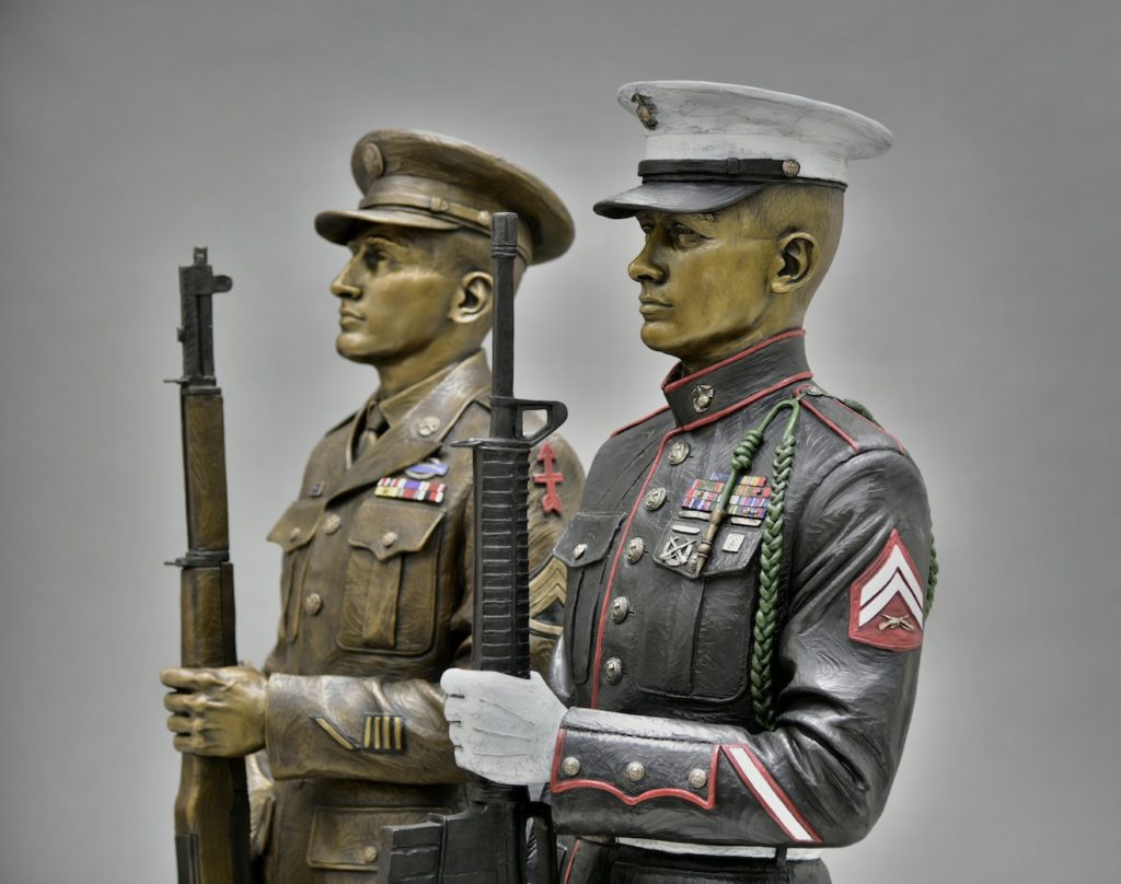 military bronze sculpture, honor guard statue, marine bronze sculpture, army bronze sculpture, present arms statues, veterans memorial sculpture, Colorado sculptors, Sutton Betti, US Marine bronze sculpture, US Army bronze sculpture, WWII monument, WWII statue, WWII bronze sculpture, Loveland Colorado sculptor, Colorado artist